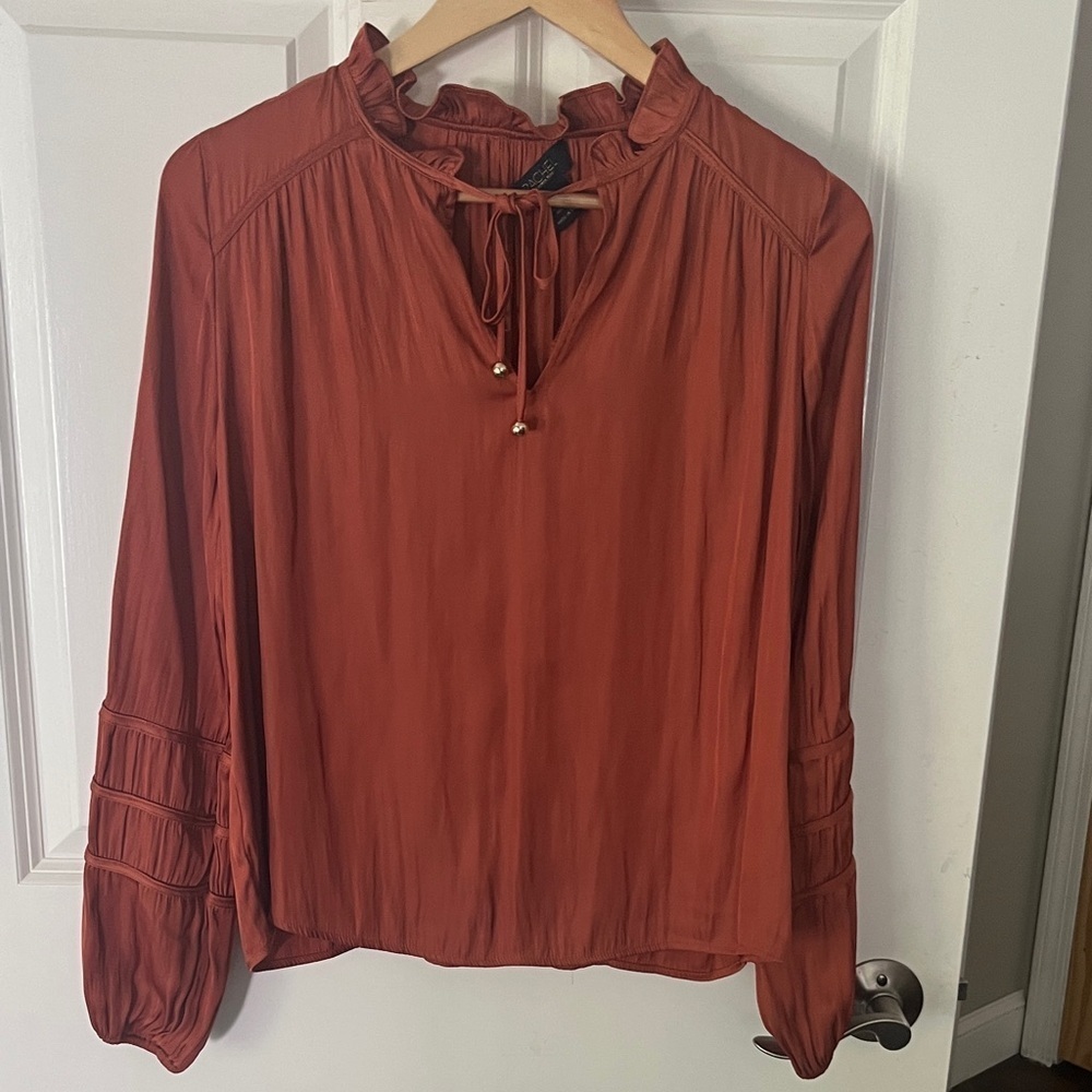 Rachel Zoe Silky Oversized Burnt Orange or Rust Colored Blouse w/ Ruffle Sz S